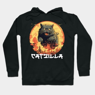 Catzilla Japanese Sunset Funny Cat Parody Vintage Catzilla Hoodie